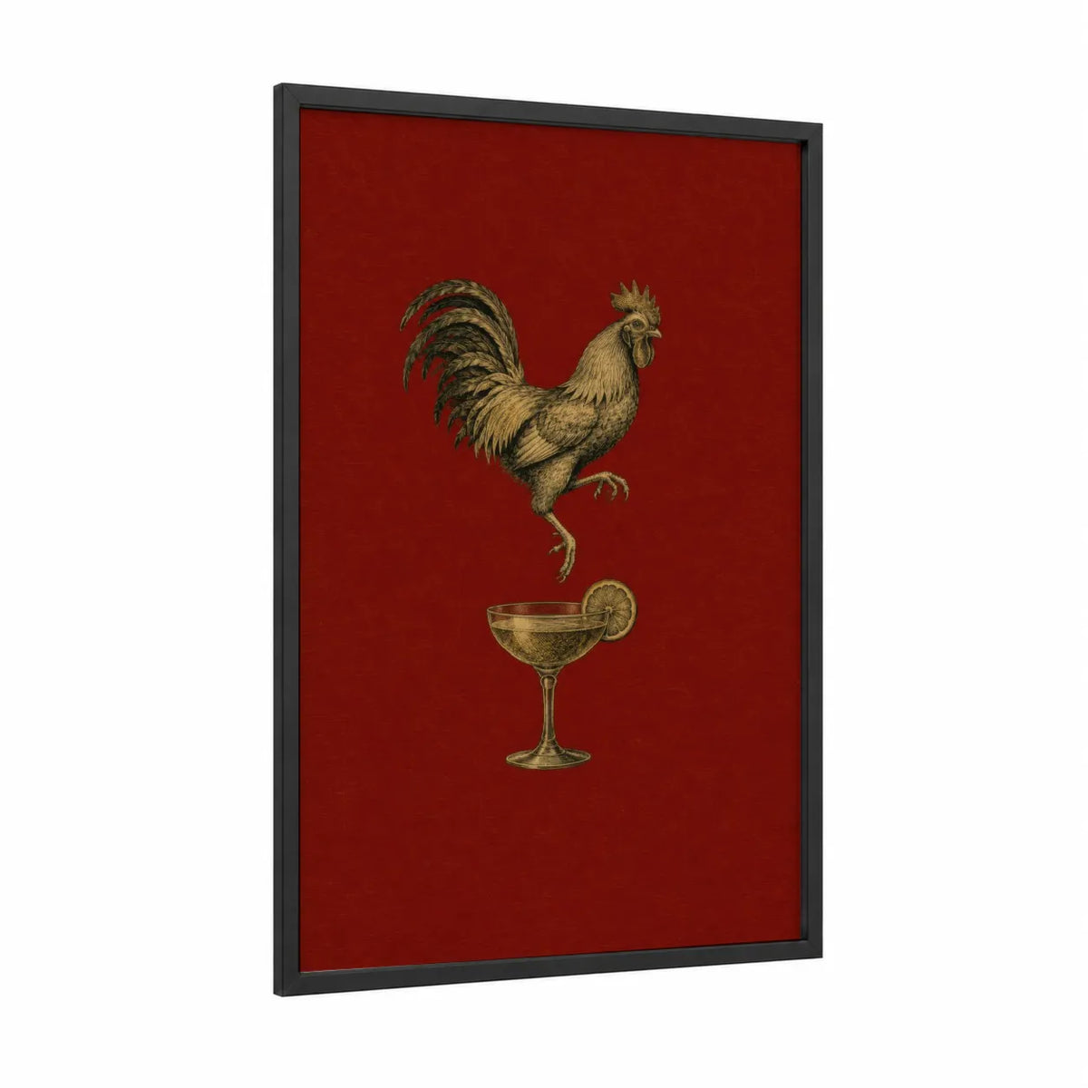 Rooster And Cocktail Wall Art framed chicken and roosters print — black wood frame — red and gold palette
