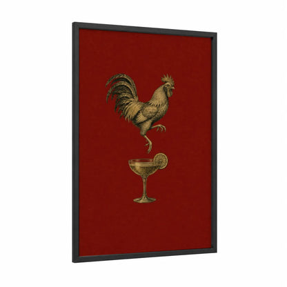 Rooster And Cocktail Wall Art framed chicken and roosters print — black wood frame — red and gold palette