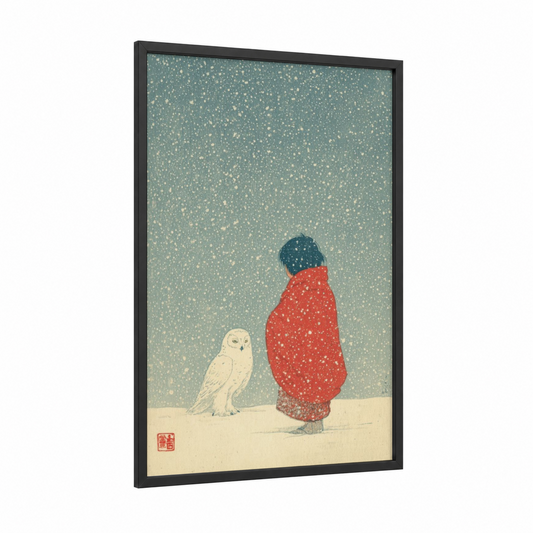 Snowy Owl Friend framed kids animals print — black wood frame — sage green and cream palette