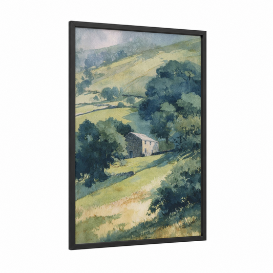 Tuscan Farmstead framed barn print — black wood frame — light green and yellow gold palette