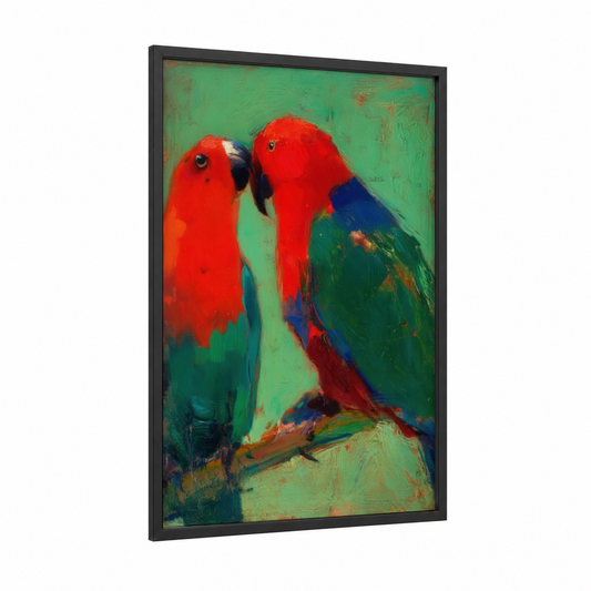 Crimson Parrots Pair framed safari parrots print — black wood frame — red and true green palette