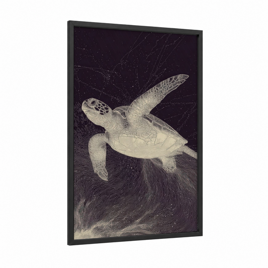 Celestial Sea Turtle framed art print — black wood frame — black and white palette