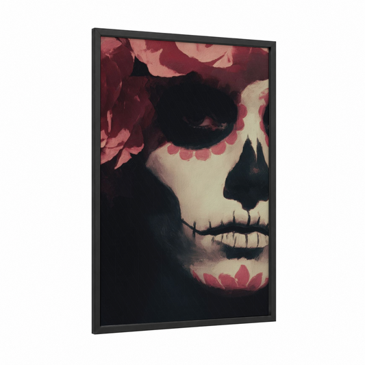 Rose Skull Portrait framed dia de los muertos print — black wood frame — maroon and black and white palette