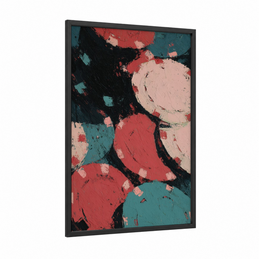 Abstract Card Game framed art print — black wood frame — red and teal palette