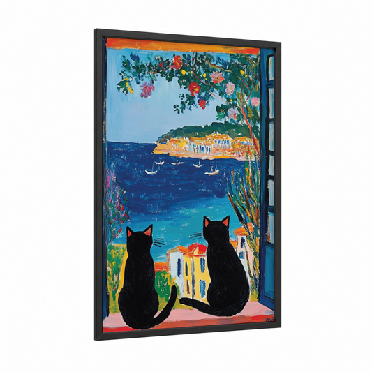 Mediterranean Cat Pair framed art print — black wood frame — blue and orange palette