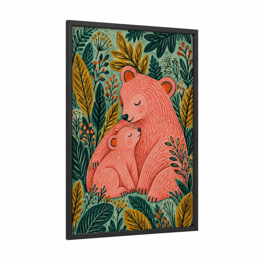 Mother Bear And Cub Botanical Wall Art framed art print — black wood frame — salmon pink and teal palette