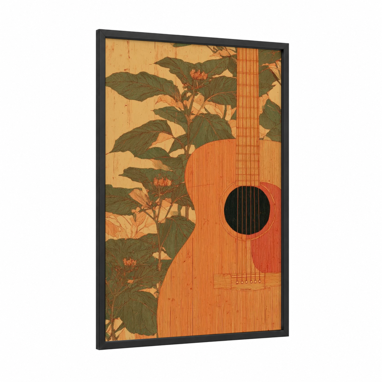 Floral Acoustic Guitar framed art print — black wood frame — gold and dark green palette