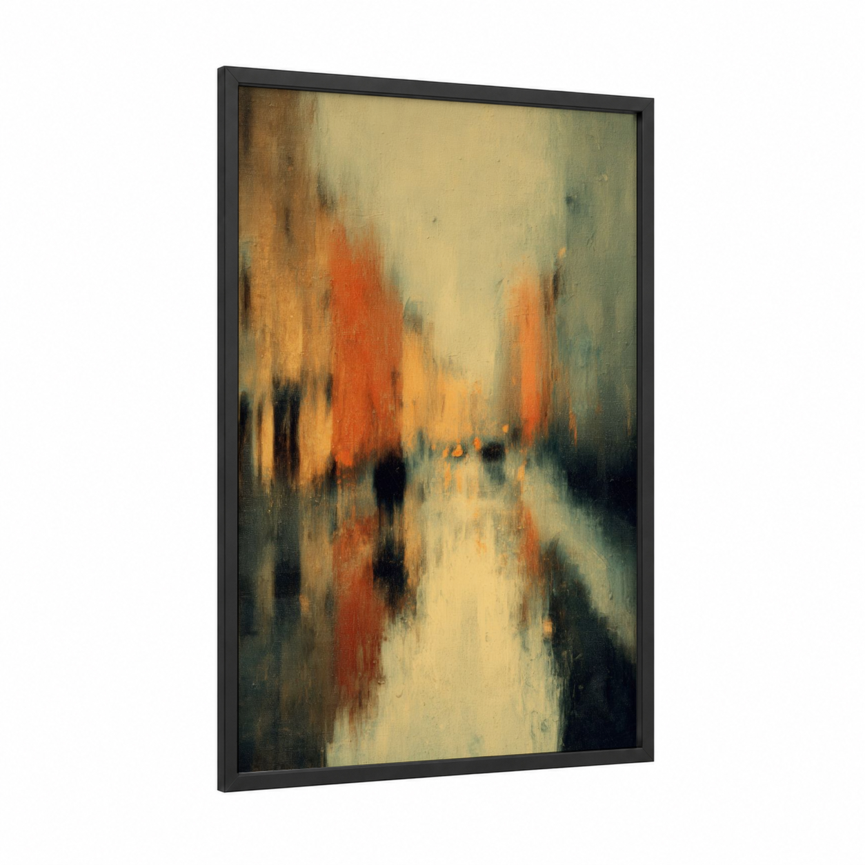 Crimson Storm framed art print — black wood frame — orange and cream palette