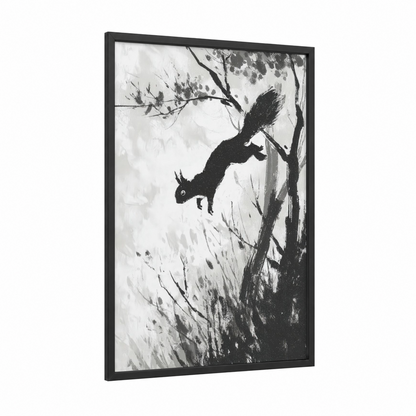 Climbing Squirrel framed art print — black wood frame — black and white palette