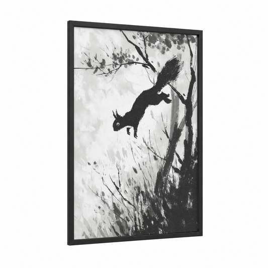 Climbing Squirrel framed art print — black wood frame — black and white palette
