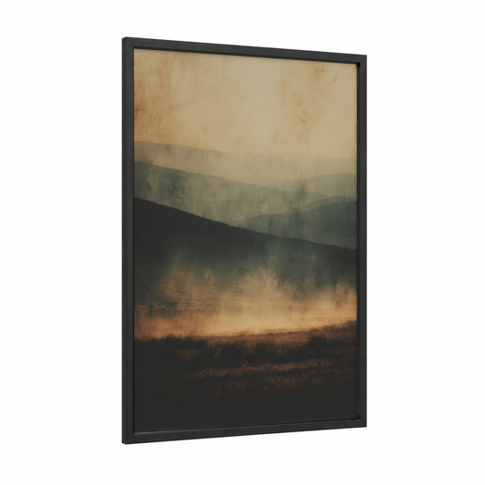 Misty Morning Layers framed art print — black wood frame — beige and sage green palette