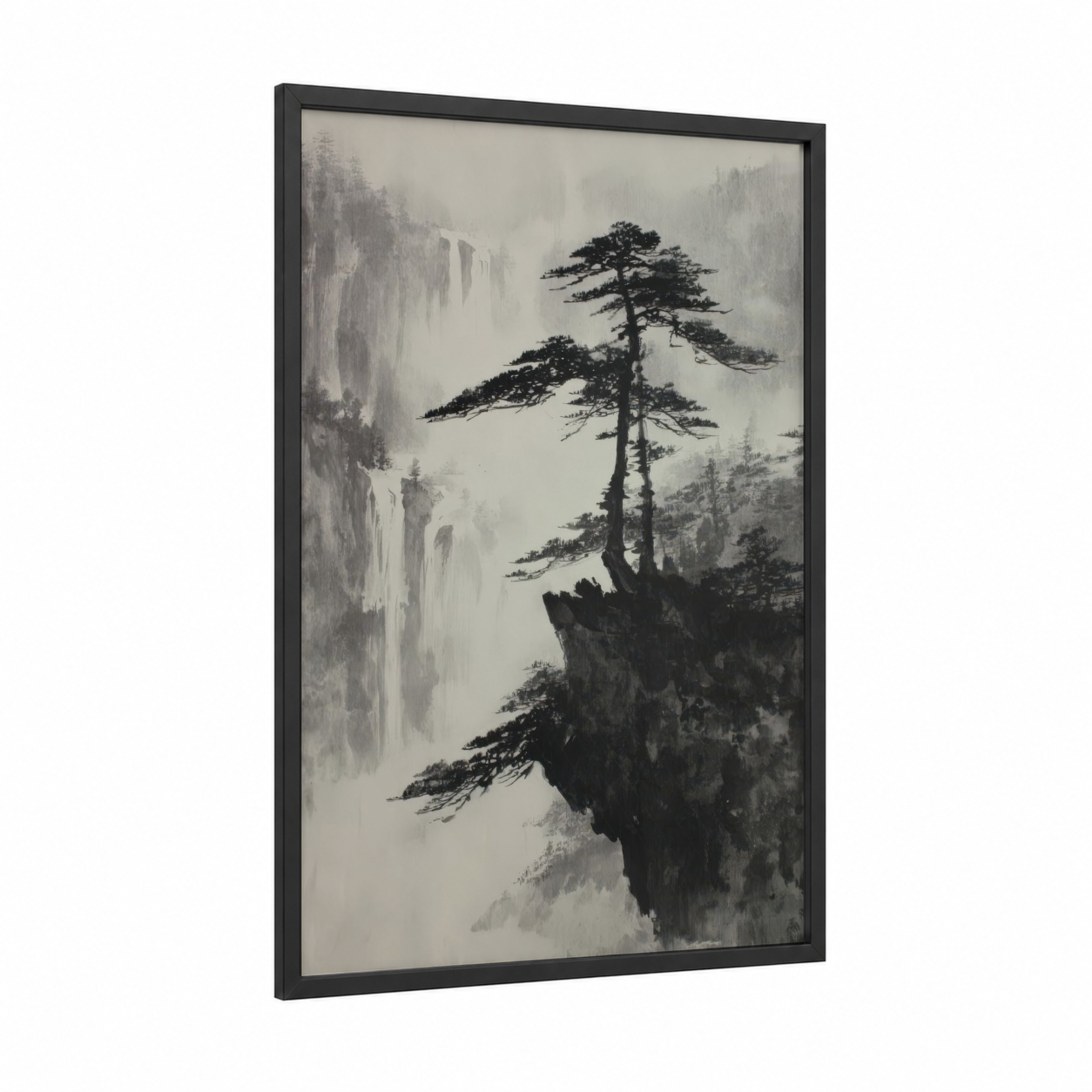 Misty Cypress Cliff framed cypress tree print — black wood frame — black and white and gray palette