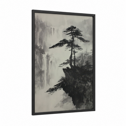 Misty Cypress Cliff framed cypress tree print — black wood frame — black and white and gray palette