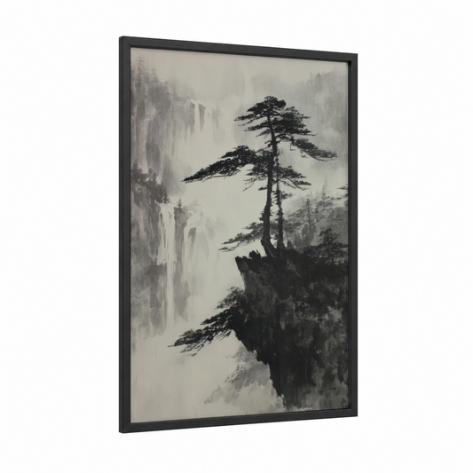 Misty Cypress Cliff framed cypress tree print — black wood frame — black and white and gray palette