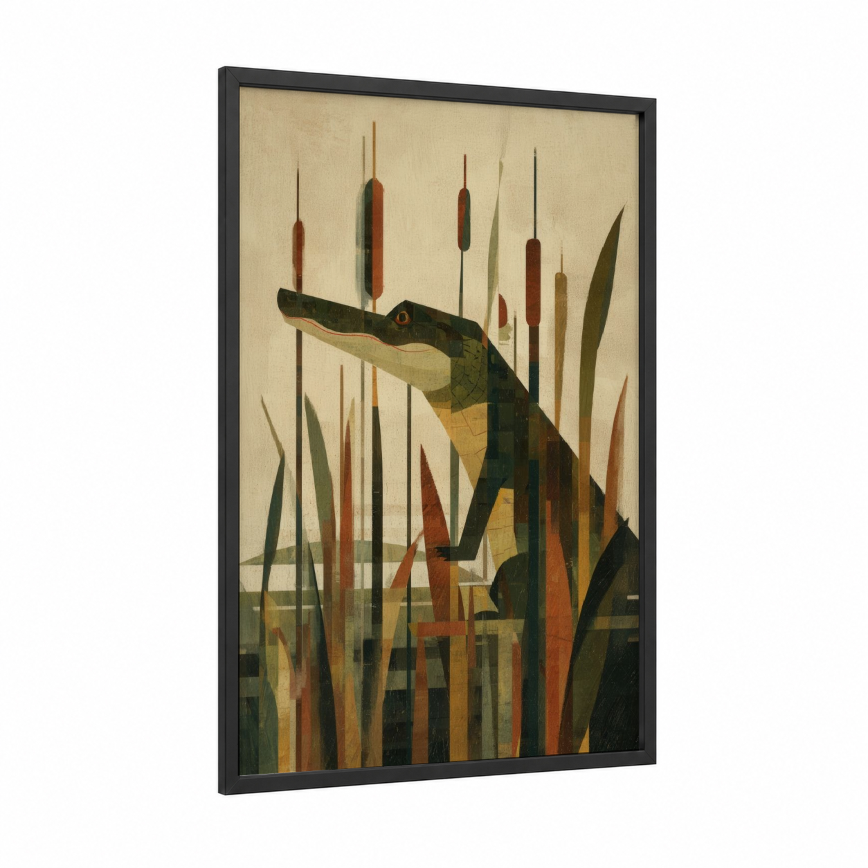 Marsh Sentinel Alligator framed art print — black wood frame — olive and russet palette