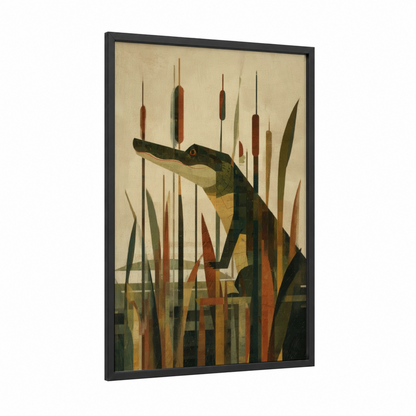 Marsh Sentinel Alligator framed art print — black wood frame — olive and russet palette
