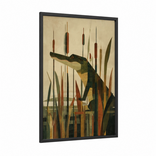 Marsh Sentinel Alligator framed art print — black wood frame — olive and russet palette