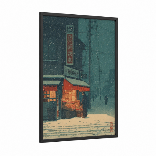 Snowy Street Vendor framed sweet print — black wood frame — teal and gold palette