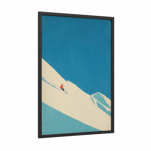 Alpine Solitude framed skiing print — black wood frame — teal and cream palette
