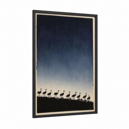 Twilight Cranes framed art print — black wood frame — black and white and dark blue palette