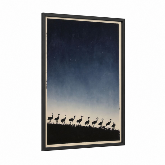 Twilight Cranes framed art print — black wood frame — black and white and dark blue palette