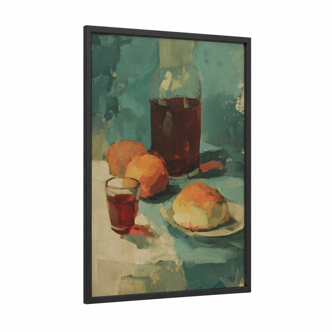 Warm Breakfast Spread framed art print — black wood frame — teal and orange palette