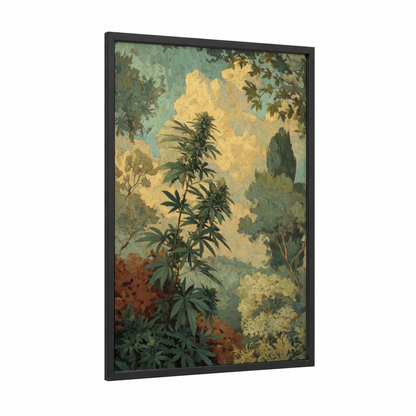 Golden Botanical Canvas framed cannabis print — black wood frame — gold and sage green palette
