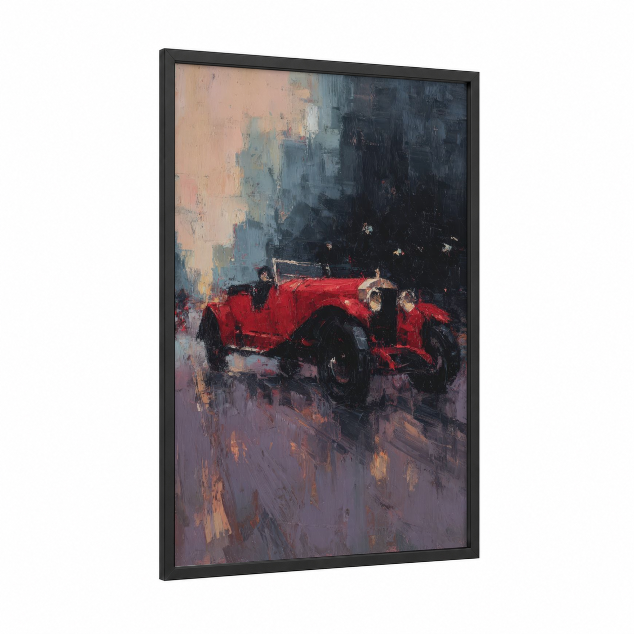 Crimson Speedster framed classic car print — black wood frame — red and gray palette