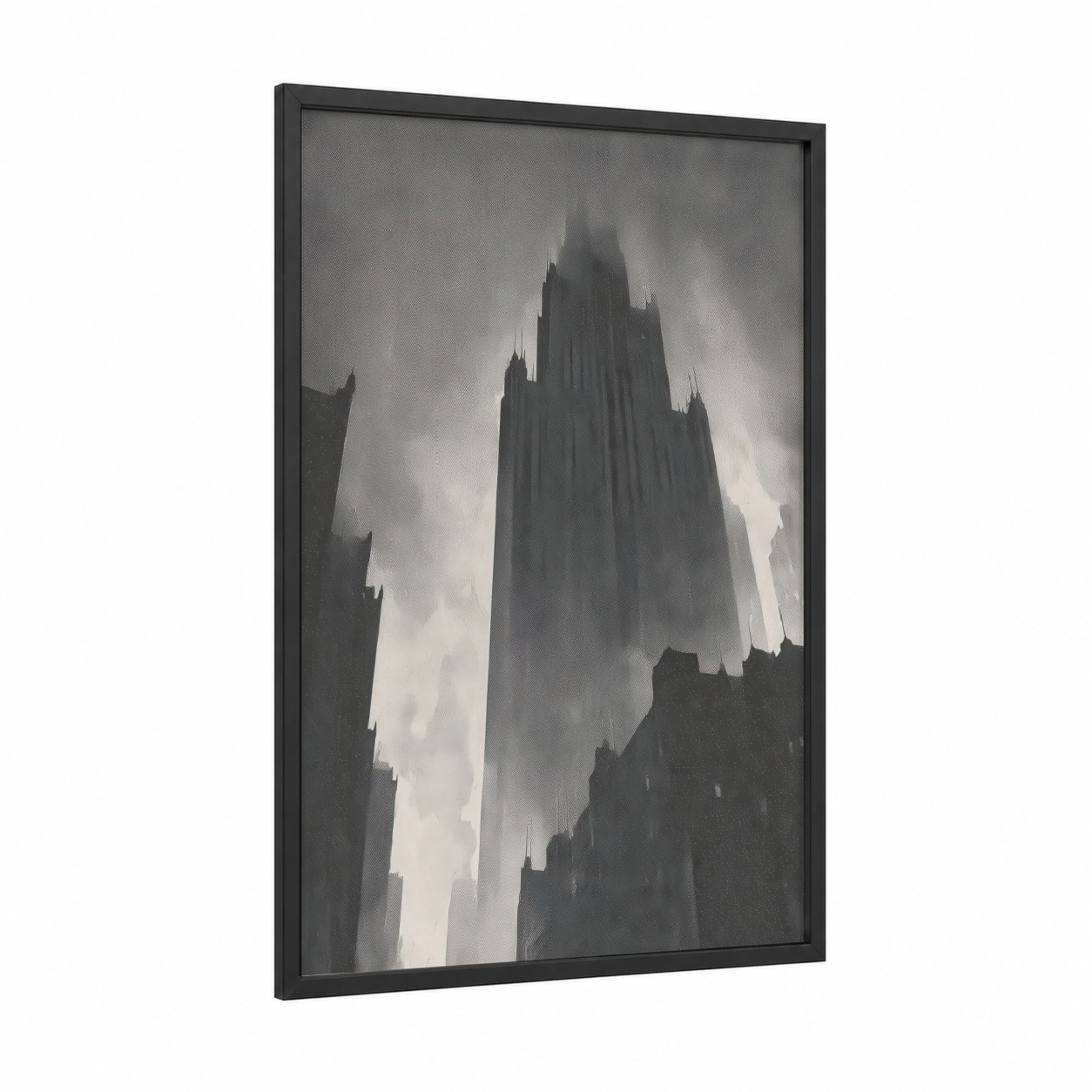 Towering Gothic Spires framed skyscraper print — black wood frame — black and white and gray palette