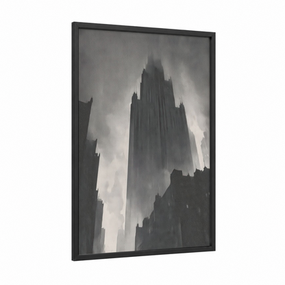 Towering Gothic Spires framed skyscraper print — black wood frame — black and white and gray palette
