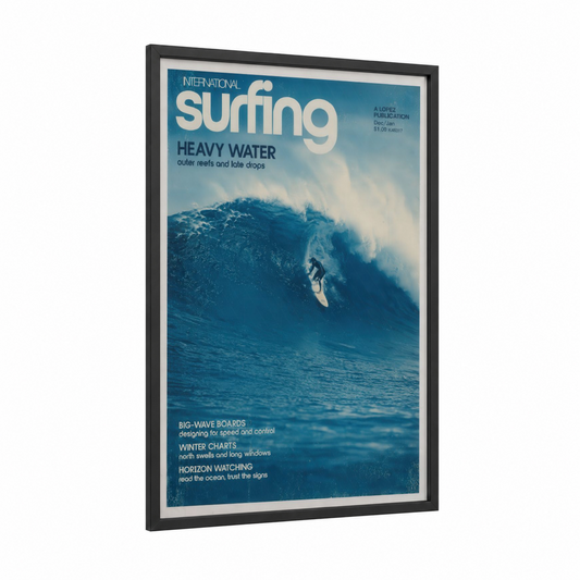 Vintage Surfing Magazine Cover Wall Art framed water surfing print — black wood frame — blue and turquoise palette