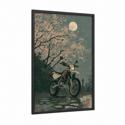 Moonlit Rider framed vintage motorcycle print — black wood frame — dove gray and peach palette