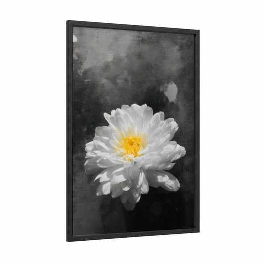 Golden Bloom Peony framed abstract flower print — black wood frame — black and white and yellow gold palette