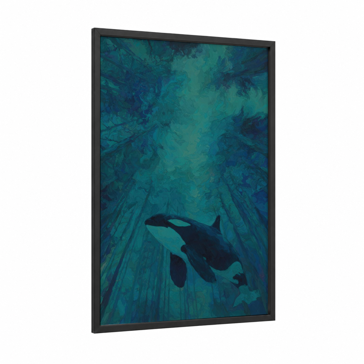 Deep Ocean Orca framed orca whale print — black wood frame — teal and dark blue palette