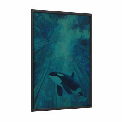 Deep Ocean Orca framed orca whale print — black wood frame — teal and dark blue palette