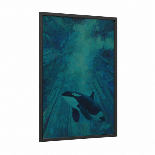 Deep Ocean Orca framed orca whale print — black wood frame — teal and dark blue palette