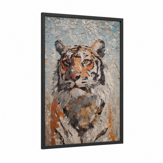 Mosaic Tiger framed art print — black wood frame — orange and blue and white palette