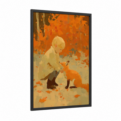 Young Explorer Fox framed kids animals print — black wood frame — orange and gold palette