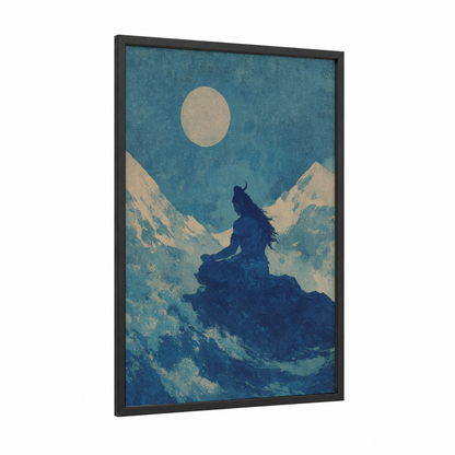 Moonlit Ascetic framed hinduism print — black wood frame — teal and cream palette