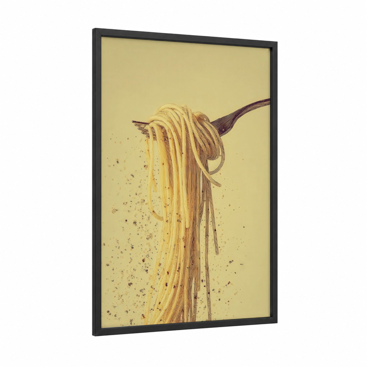 Twirled Pasta Fork framed art print — black wood frame — yellow gold and brown palette