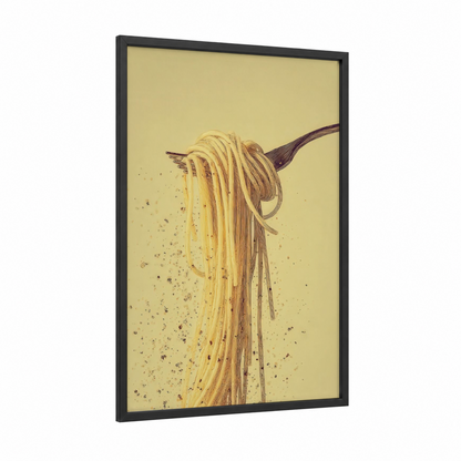 Twirled Pasta Fork framed art print — black wood frame — yellow gold and brown palette