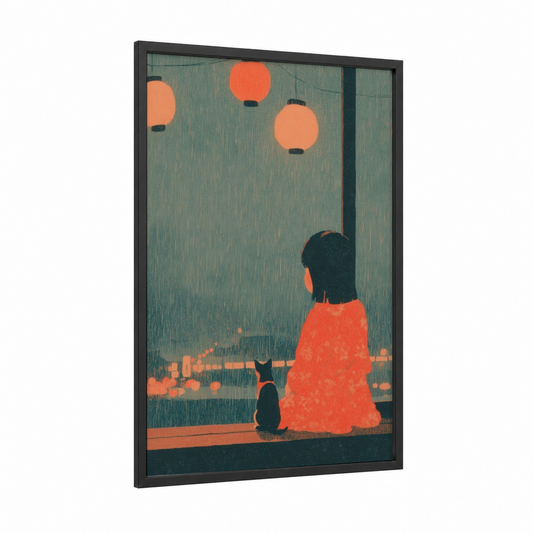 Rainy Lanterns framed kids animals print — black wood frame — orange and teal palette