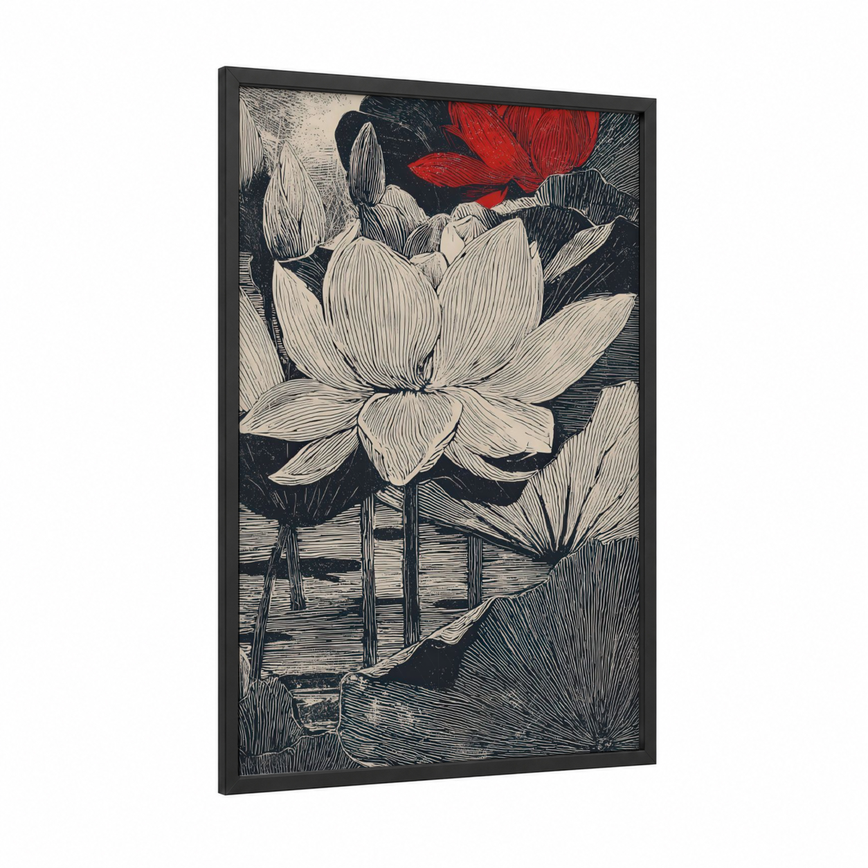 Crimson Lotus Blooms framed art print — black wood frame — black and white and red palette