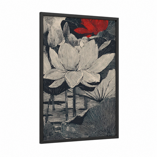 Crimson Lotus Blooms framed art print — black wood frame — black and white and red palette