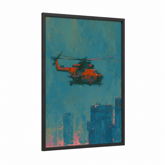 Rescue Helicopter framed art print — black wood frame — teal and orange palette