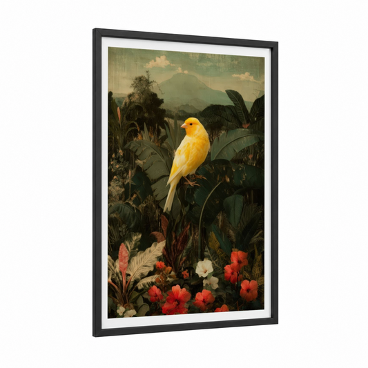 Golden Canary Tropical framed canaries print — black wood frame — yellow gold and dark green palette