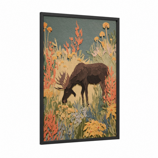 Meadow Moose framed art print — black wood frame — gold and russet palette