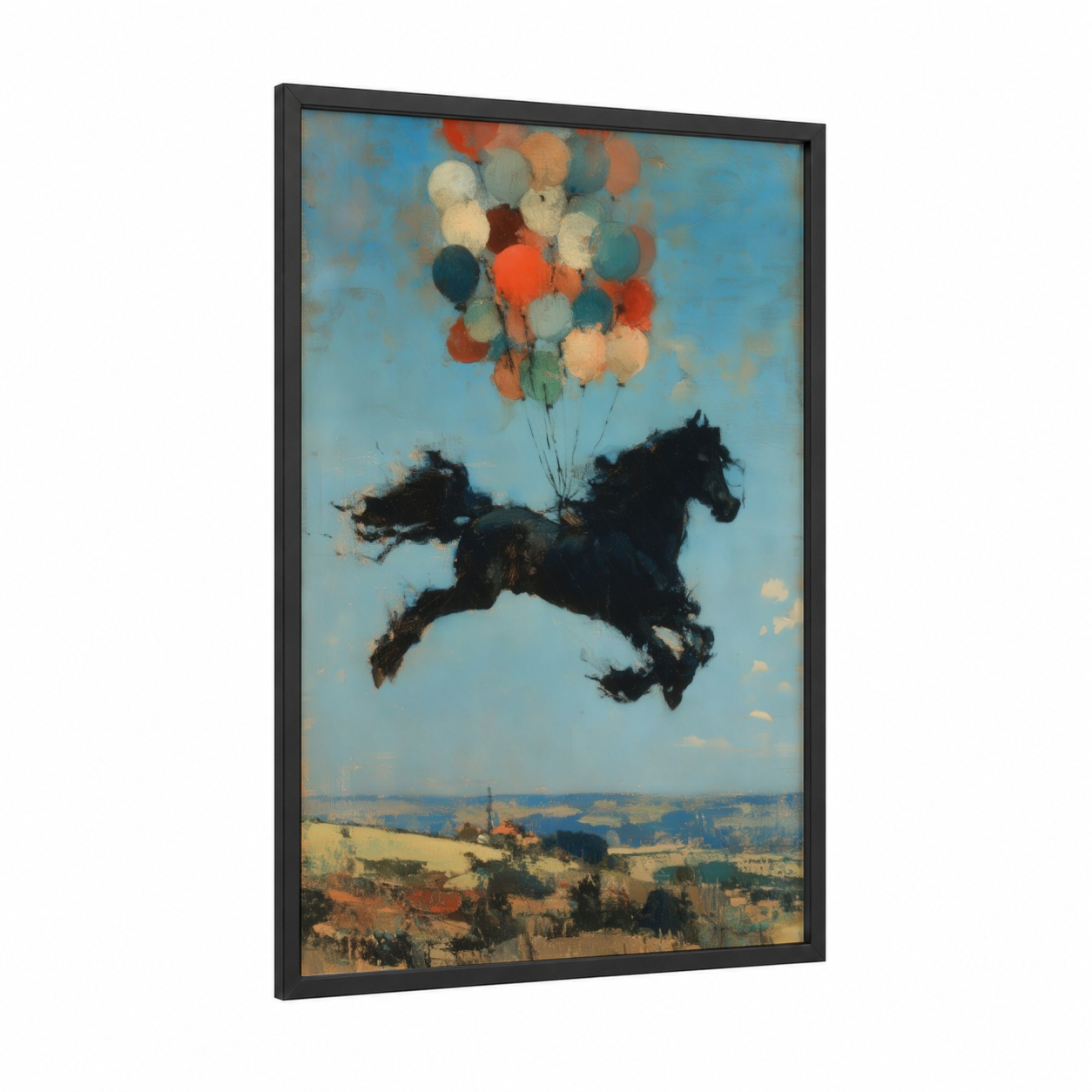 Floating Friesian framed friesian horse print — black wood frame — blue and orange palette