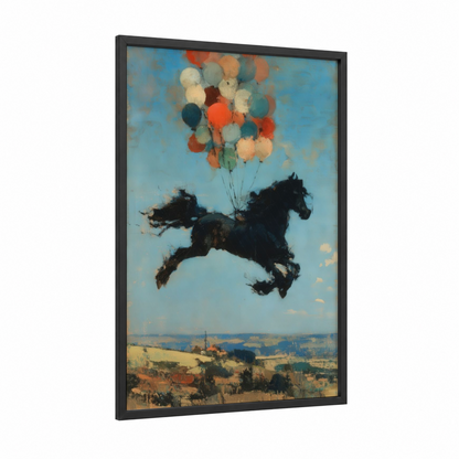 Floating Friesian framed friesian horse print — black wood frame — blue and orange palette