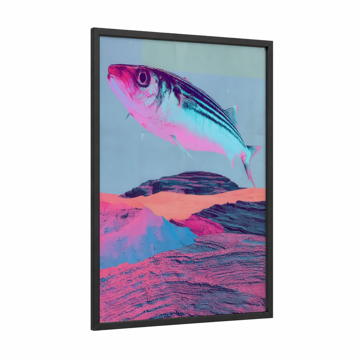 Neon Zebrafish framed art print — black wood frame — magenta and blue palette